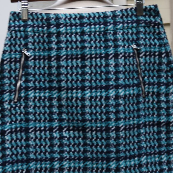 LOFT Aqua Navy Blue White Houndstooth Plaid Zipper Pockets Short Skirt Sz 2 - Picture 2 of 6
